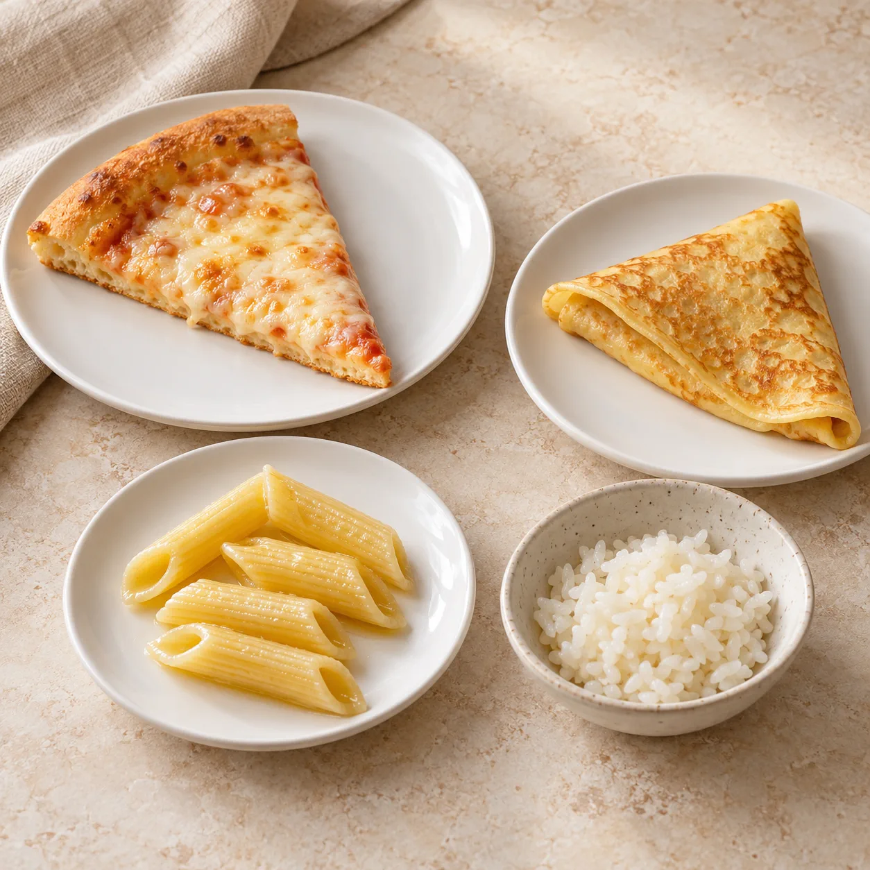 Pizza, panqueca, macarrão e arroz servidos em pratos
